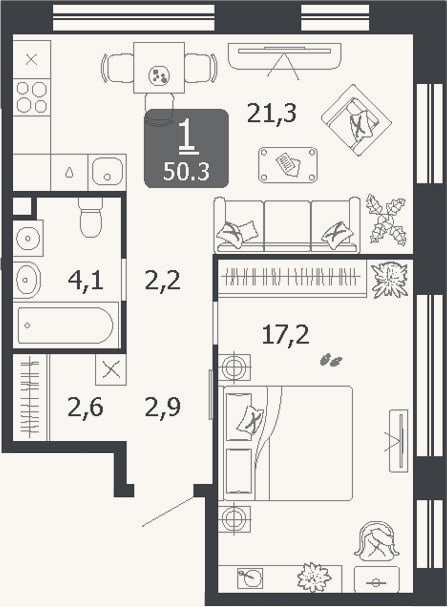 Планировка: 2-к, 50,3 м²