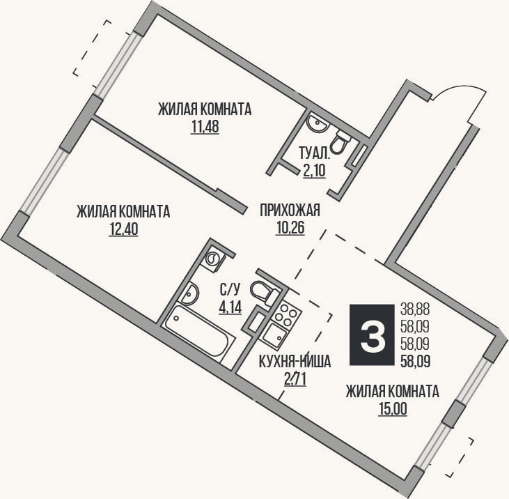 Планировка: 3-к, 58,1 м²