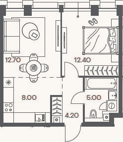 Планировка: 2-к, 42,3 м²
