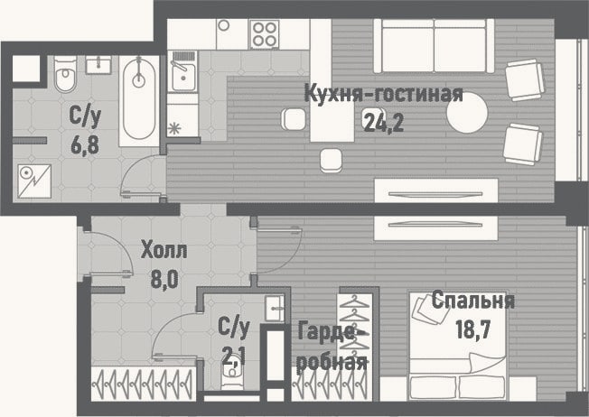 Планировка: 2-к, 60,1 м²