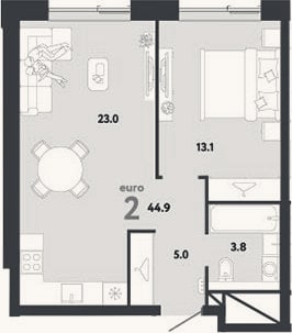 Планировка: 2-к, 44,9 м²