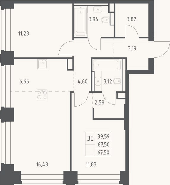 Планировка: 3-к, 67,5 м²