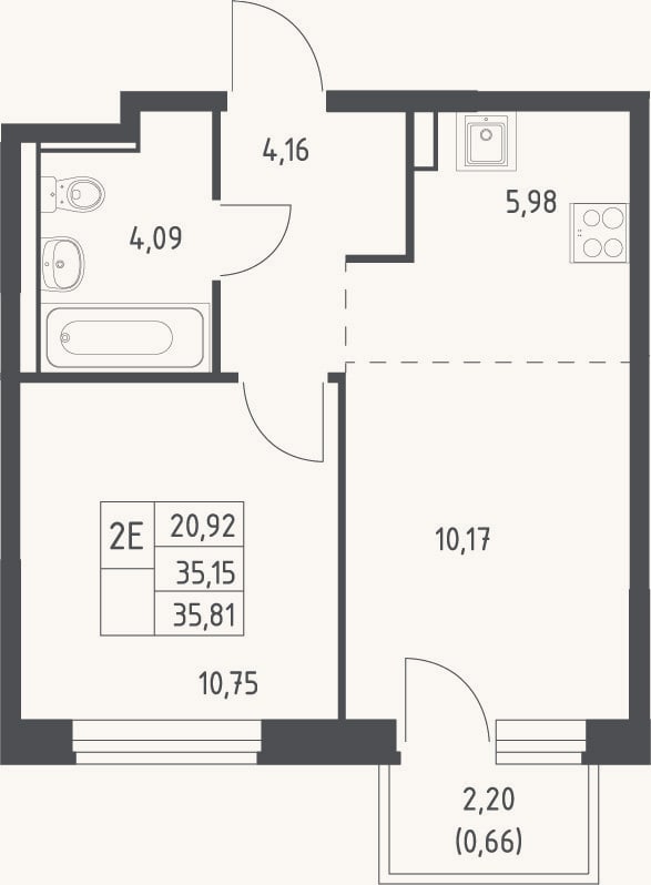Планировка: 2-к, 35,2 м²
