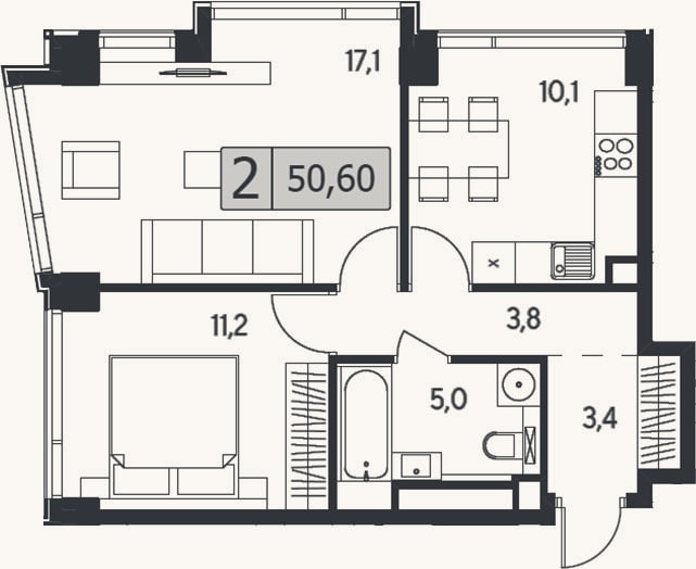 Планировка: 2-к, 50,6 м²