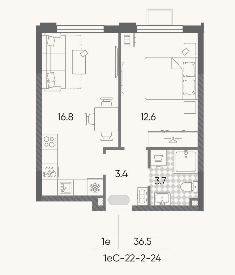 Планировка: 2-к, 36,5 м²