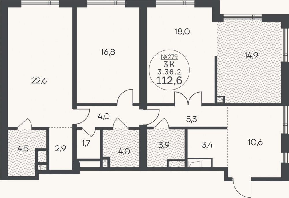 Планировка: 3-к, 112,6 м²