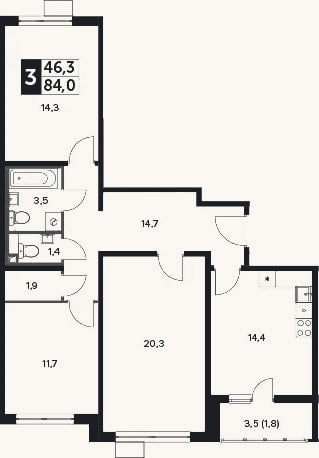 Планировка: 3-к, 82,2 м²