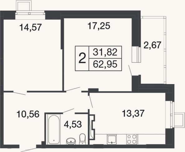 Планировка: 2-к, 60,3 м²