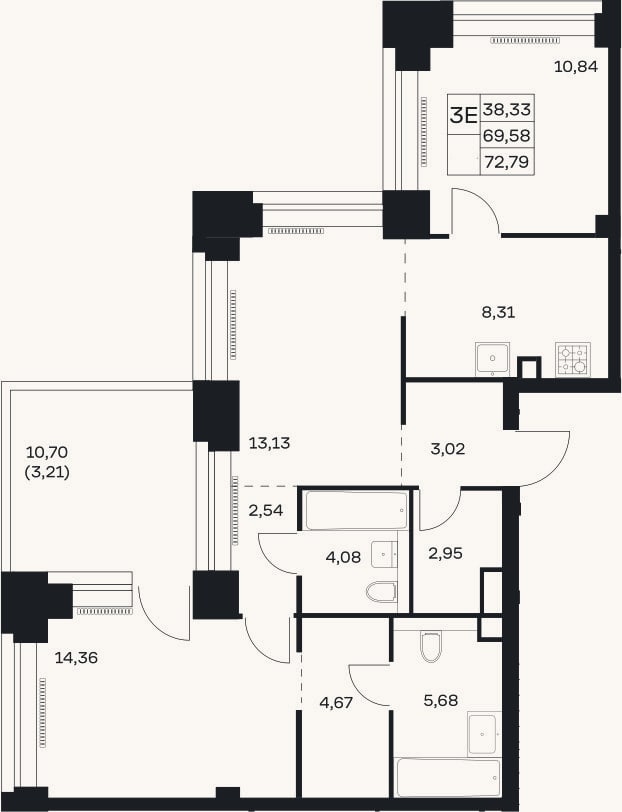 Планировка: 3-к, 69,6 м²
