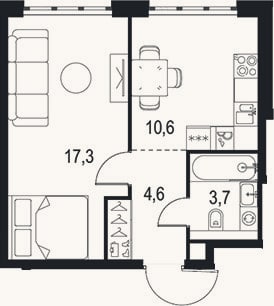 Планировка: 1-к, 36,2 м²