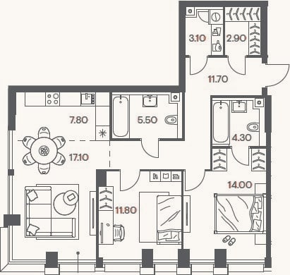 Планировка: 3-к, 78,2 м²