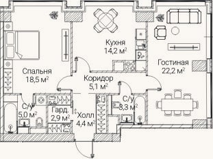 Планировка: 2-к, 75,6 м²