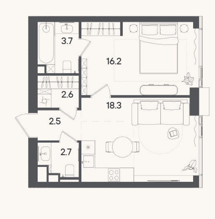Планировка: 2-к, 47 м²