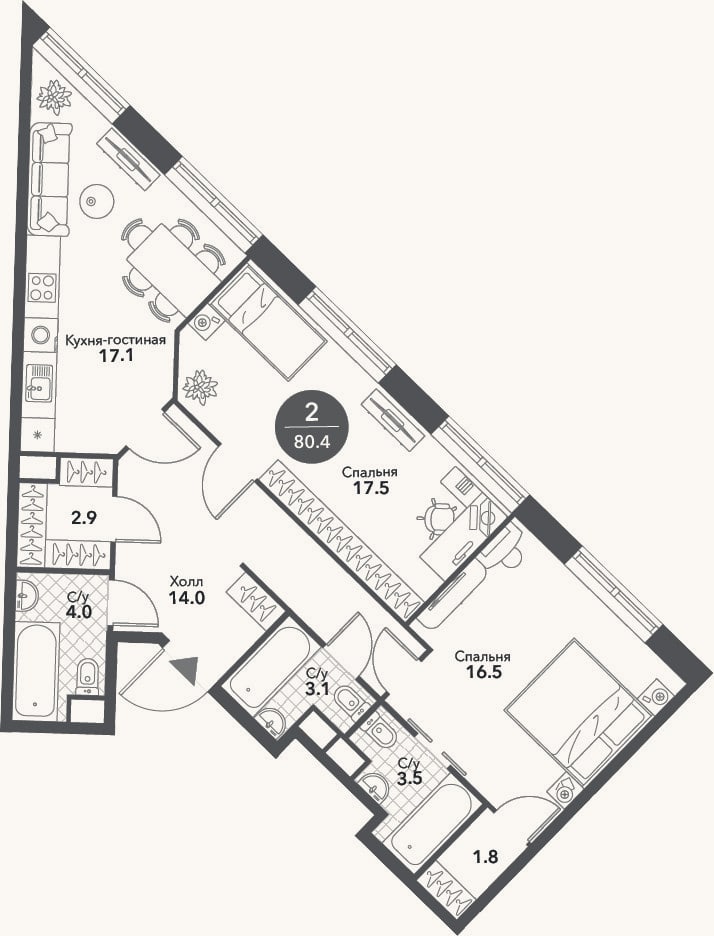 Планировка: 3-к, 80,4 м²