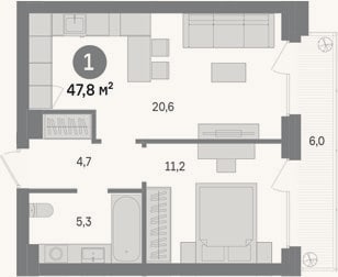 Планировка: 1-к, 41,8 м²