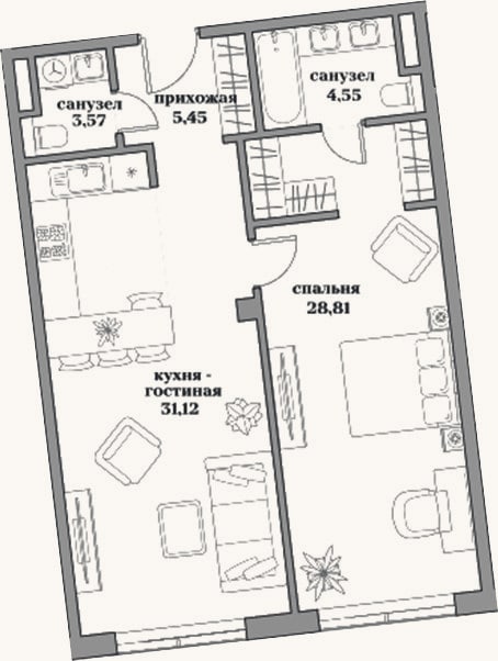 Планировка: 2-к, 73,5 м²