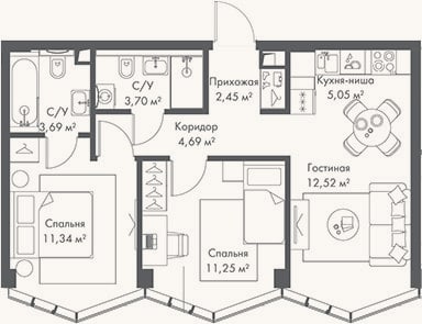 Планировка: 3-к, 54,7 м²