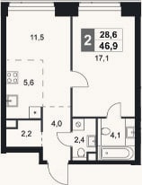 Планировка: 2-к, 46,9 м²