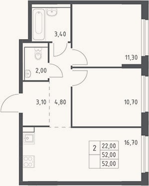 Планировка: 3-к, 52 м²
