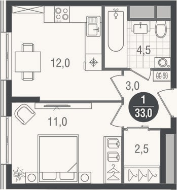 Планировка: 1-к, 33 м²