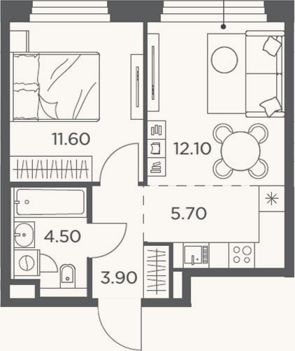 Планировка: 2-к, 37,8 м²