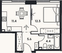 Планировка: 1-к, 33,7 м²