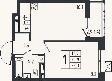 Планировка: 1-к, 36,9 м²