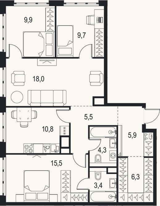 Планировка: 4+ к, 89,3 м²