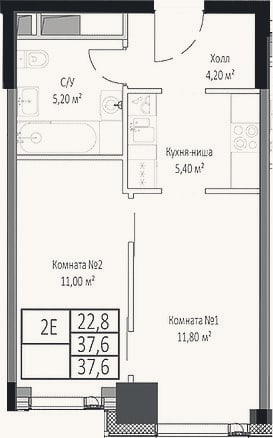 Планировка: 2-к, 37,6 м²