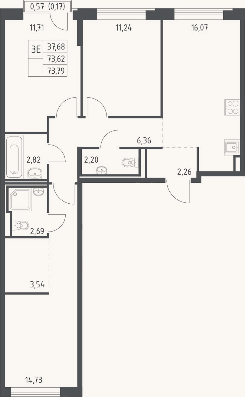 Планировка: 4+ к, 73,6 м²