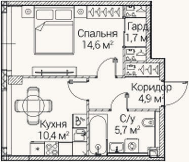 Планировка: 1-к, 37,3 м²