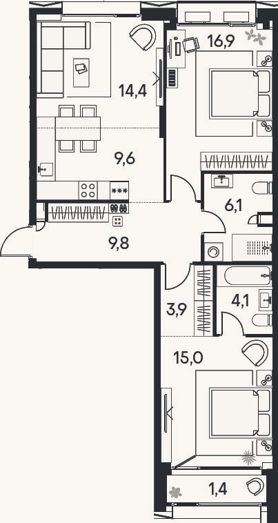Планировка: 3-к, 79,8 м²