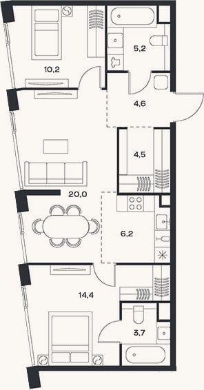 Планировка: 3-к, 68,8 м²