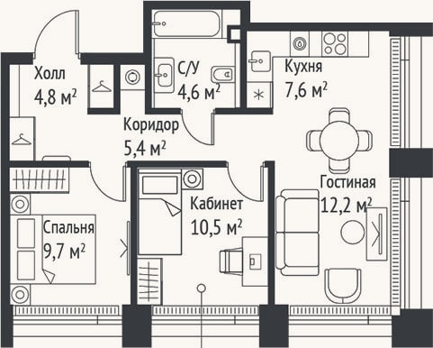 Планировка: 3-к, 54,8 м²