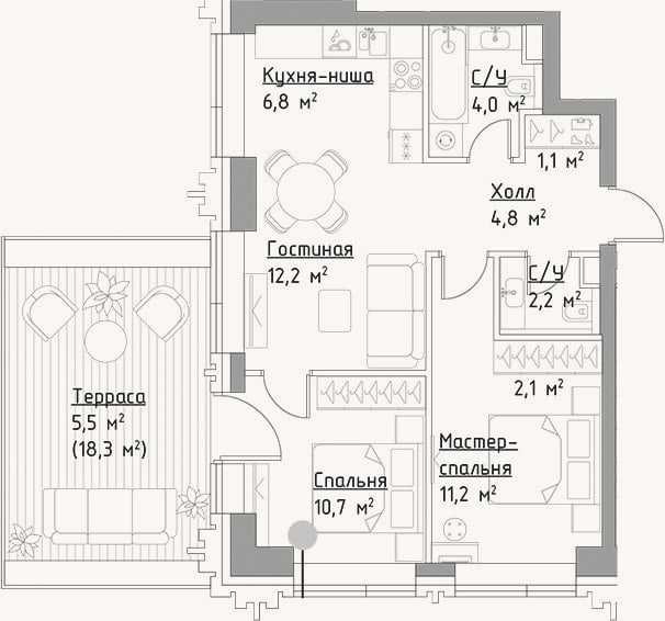 Планировка: 3-к, 55,1 м²