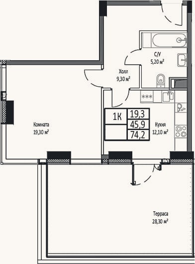Планировка: 1-к, 45,9 м²