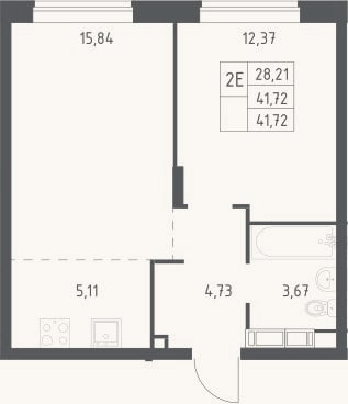 Планировка: 2-к, 41,7 м²