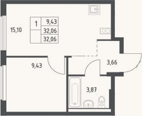 Планировка: 2-к, 32,1 м²