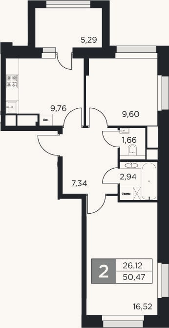 Планировка: 2-к, 47,8 м²