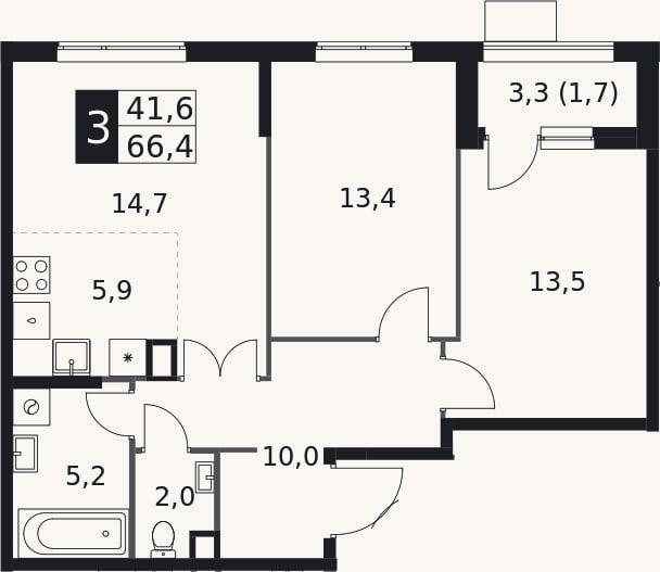 Планировка: 3-к, 64,7 м²