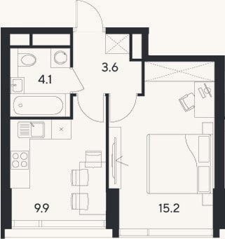 Планировка: 1-к, 32,8 м²