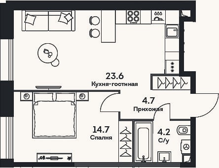 Планировка: 2-к, 47,2 м²
