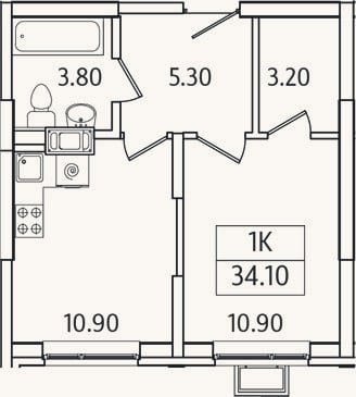 Планировка: 1-к, 34,1 м²