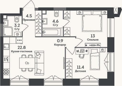 Планировка: 3-к, 60,4 м²