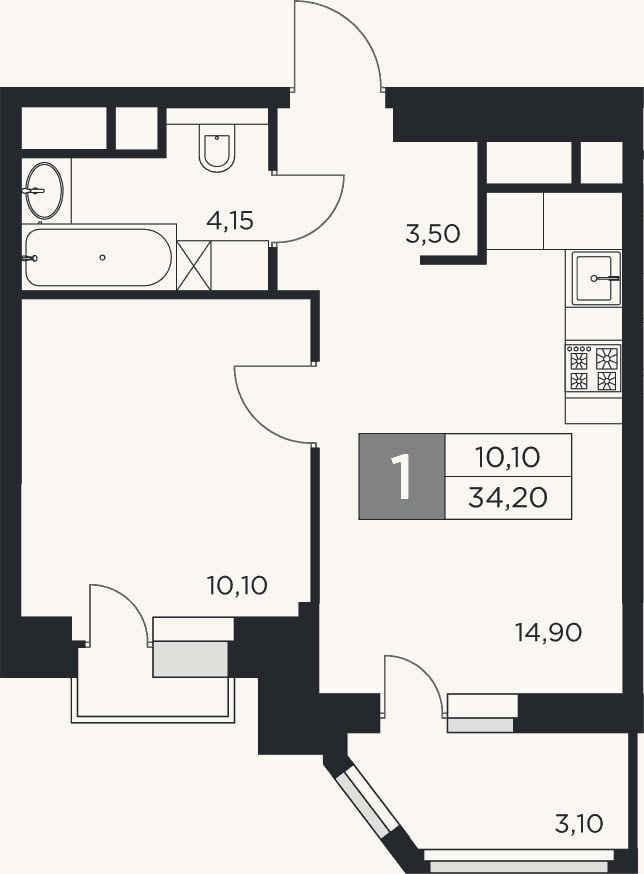 Планировка: 1-к, 32,7 м²