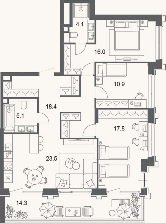 Планировка: 4+ к, 96,3 м²