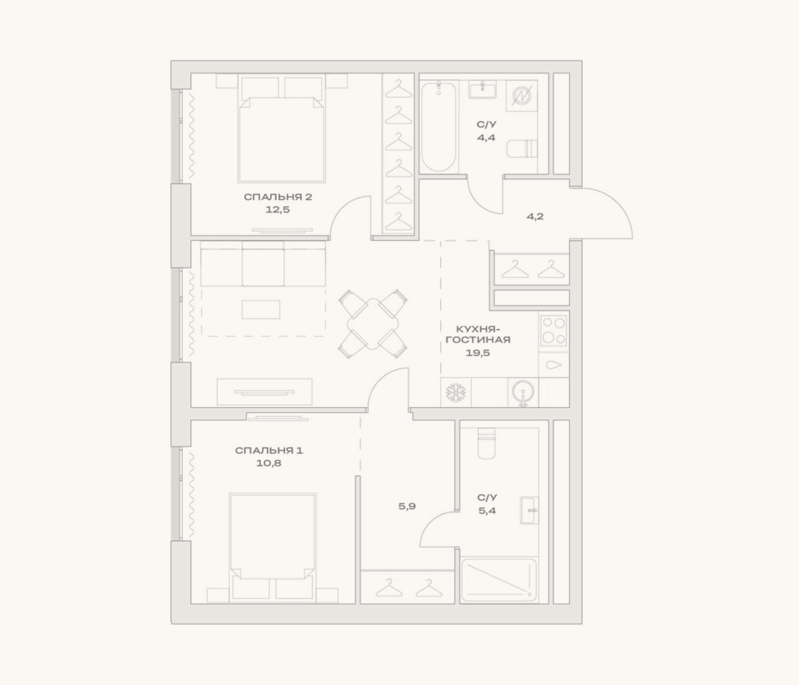 Планировка: 3-к, 62,7 м²