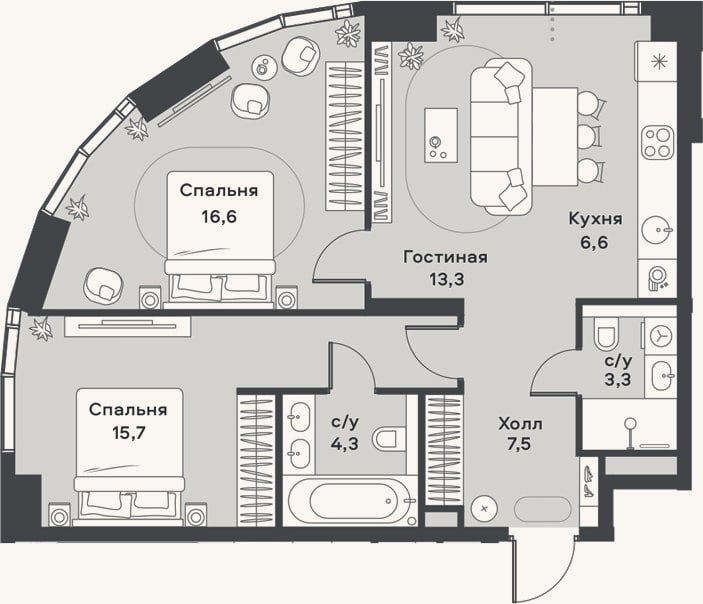Планировка: 3-к, 67,3 м²