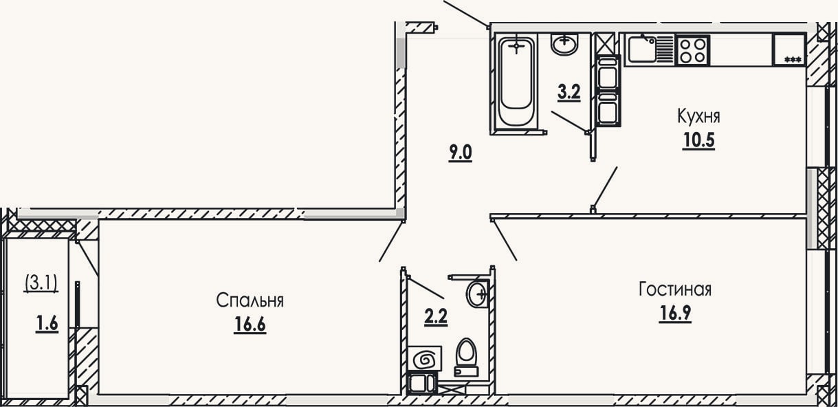 Планировка: 2-к, 58,4 м²
