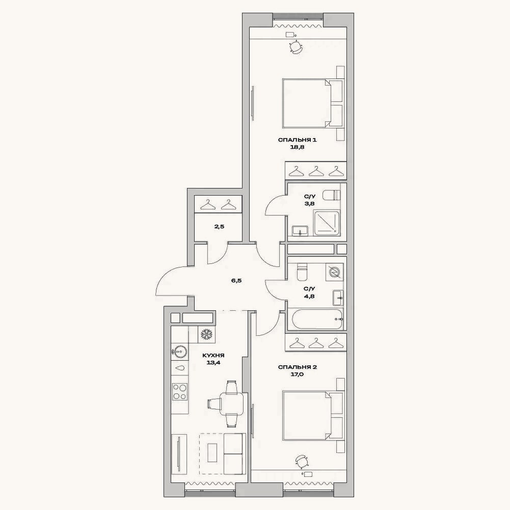 Планировка: 2-к, 66,8 м²